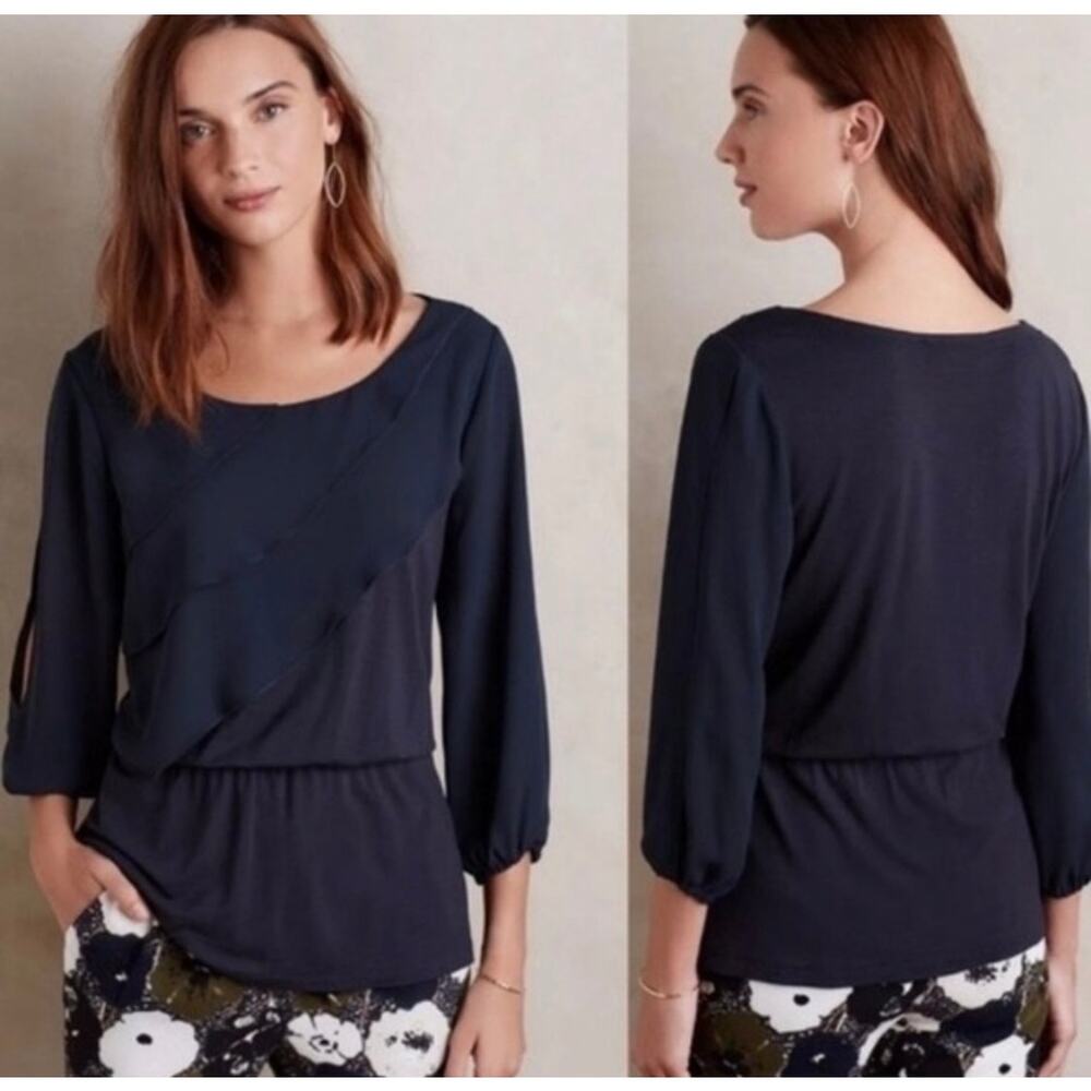 Deletta Anthropologie Navy Alee Ruffle‎ Split Sleeve Blouse Top Women's Medium